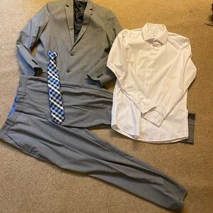 Boy’s Izod Gray Suit with White Shirt and Blue Checkered Tie